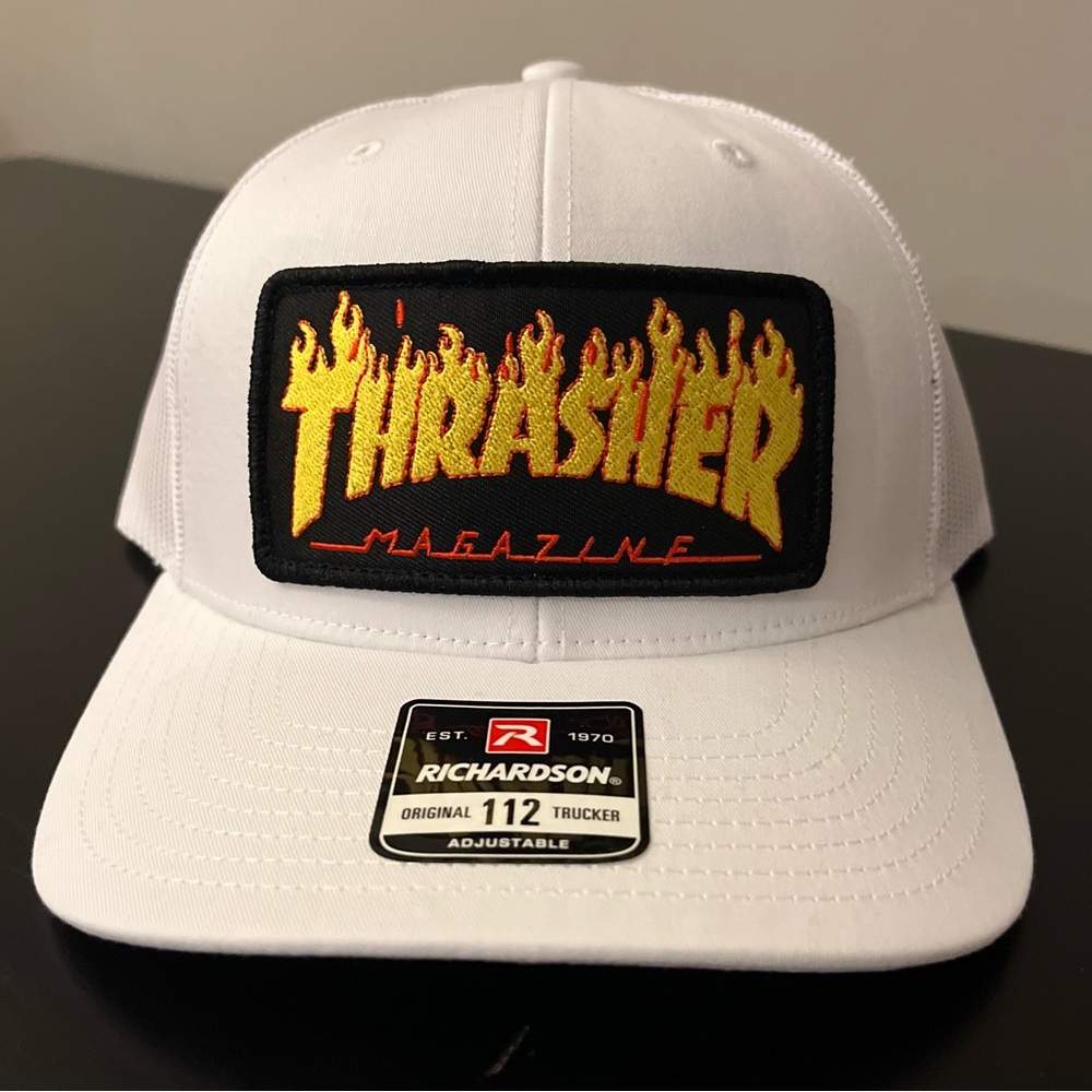 Thrasher Magazine Skateboard Richardson 112 White Cap with patch sewn on